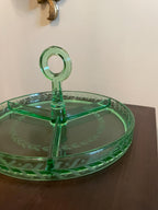 Vintage Green Glass Divided Serving Tray Elegant Round Centerpiece Handle Design Etched Laurel Pattern Entertaining Tableware Serving Dish