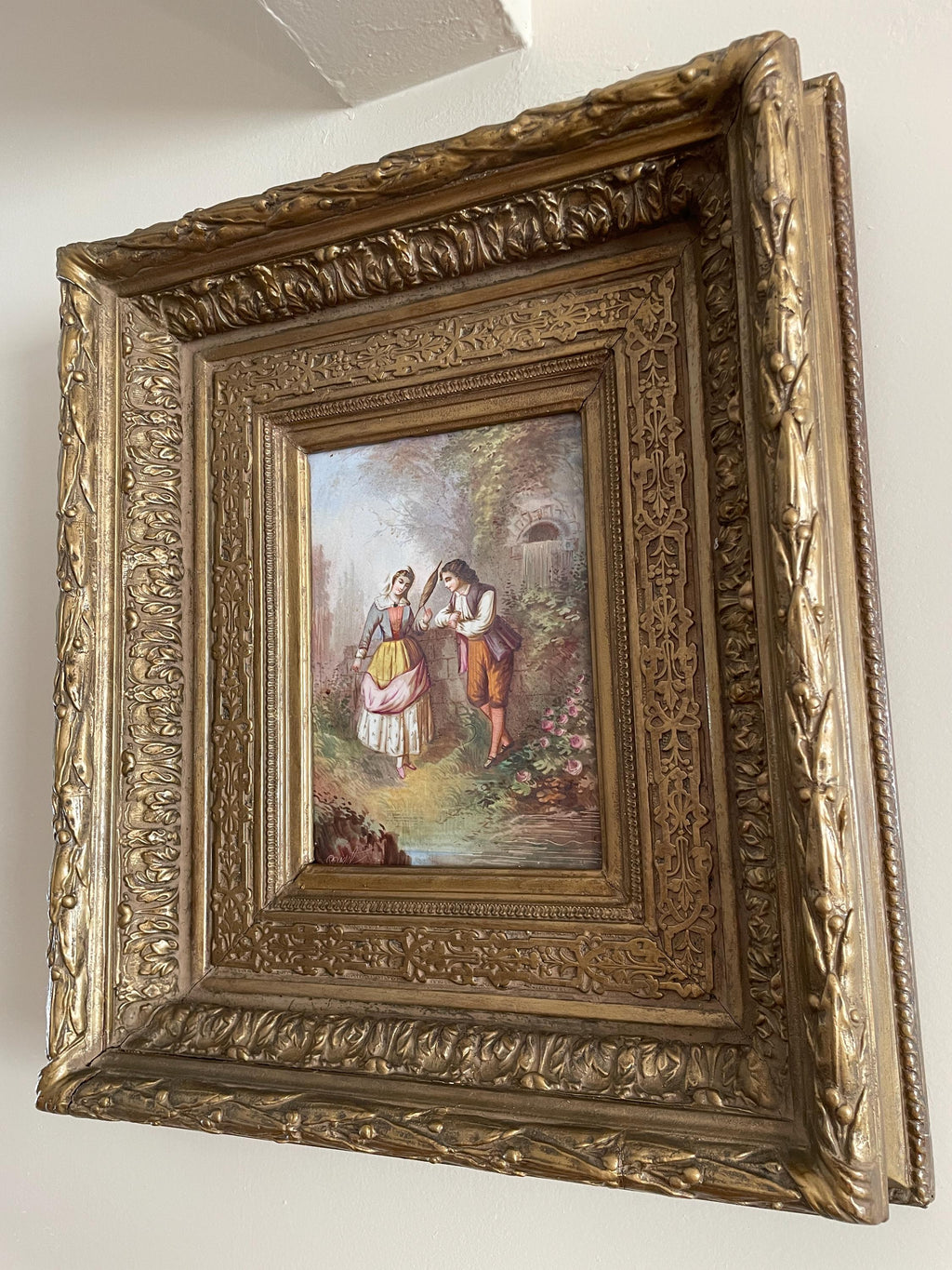 Antique Romantic Scene Painting, Ornate Gold Gilt Frame, 19th Century European Art