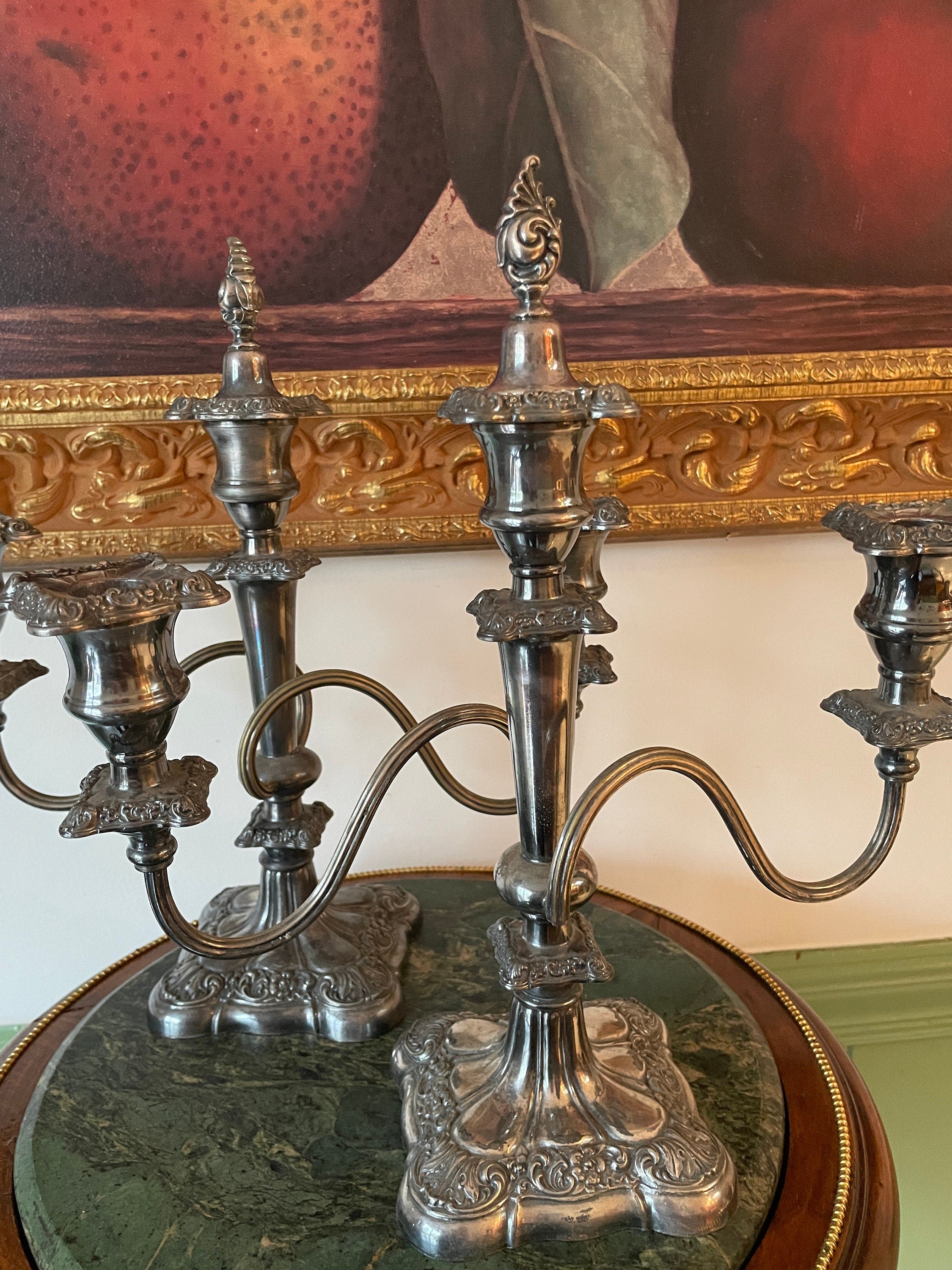 Antique Pair Silver Candelabra Five Arm Baroque Candle Holders Ornate Heavy Metal Candle Stand Classical Decoration Mantel Table Display