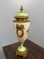 Antique French Porcelain Ormolu Lidded Urn Vase, Cherub Putti Painted Decorative Vase