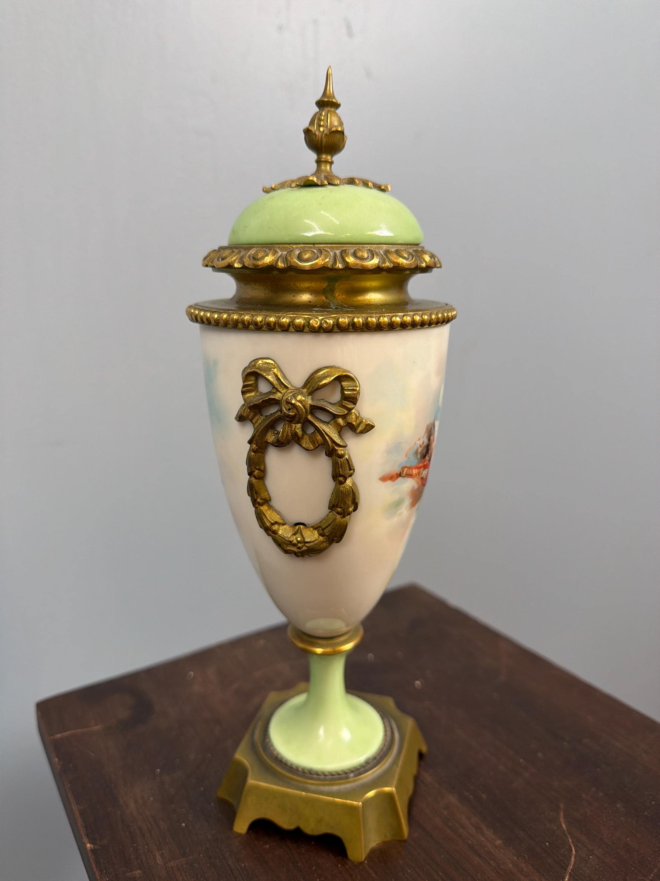 Antique French Porcelain Ormolu Lidded Urn Vase, Cherub Putti Painted Decorative Vase