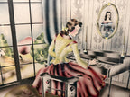 Vintage Art Deco Picture Mirror Lady at Piano Reverse Painted Airbrushed Boudoir Wall Mirror