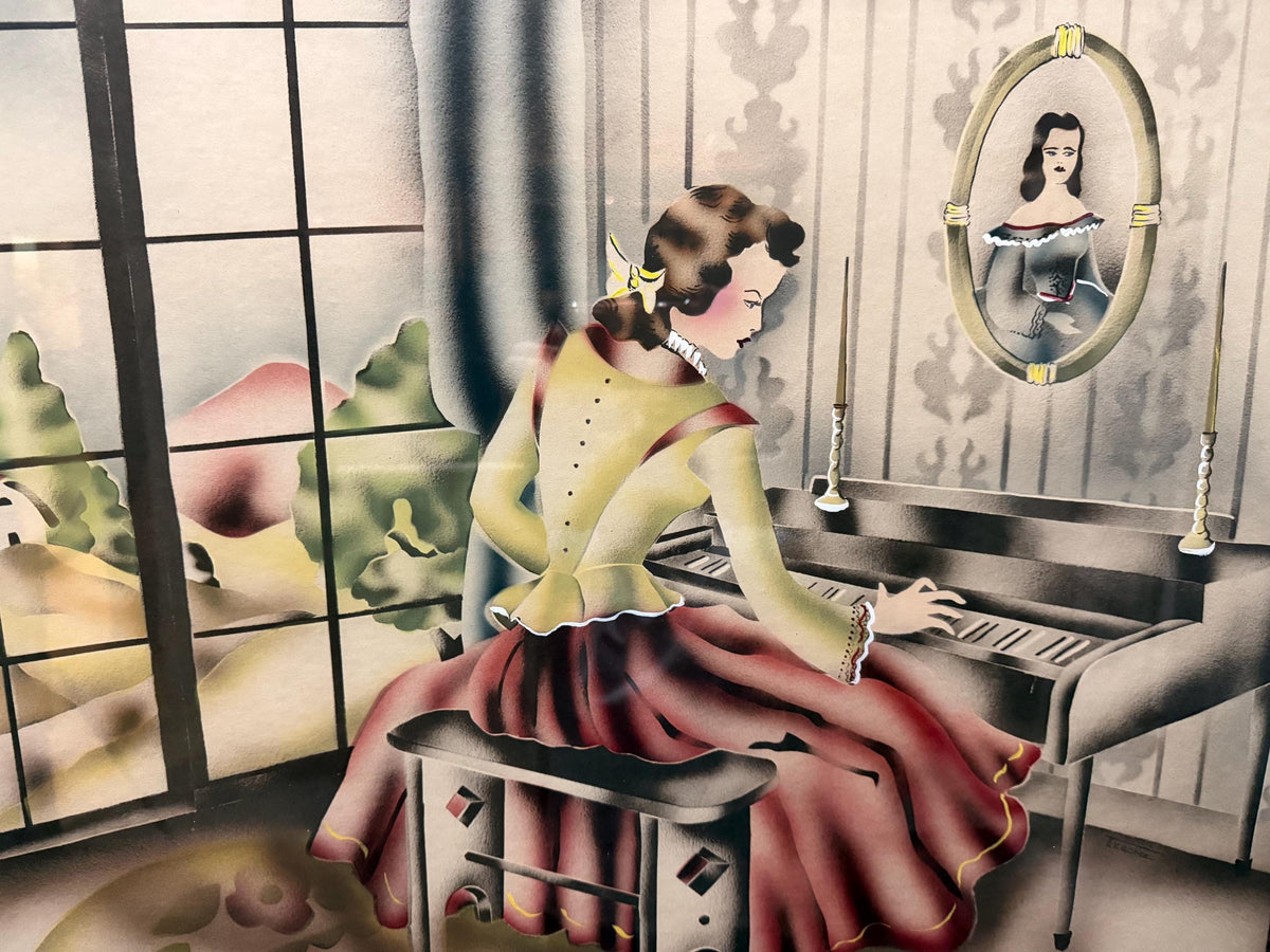 Vintage Art Deco Picture Mirror Lady at Piano Reverse Painted Airbrushed Boudoir Wall Mirror