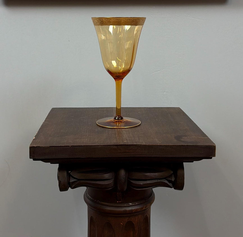 Vintage Amber Wine Glass Set Gold Rim Goblets Hollywood Regency Barware Elegant Stemware Set of 8
