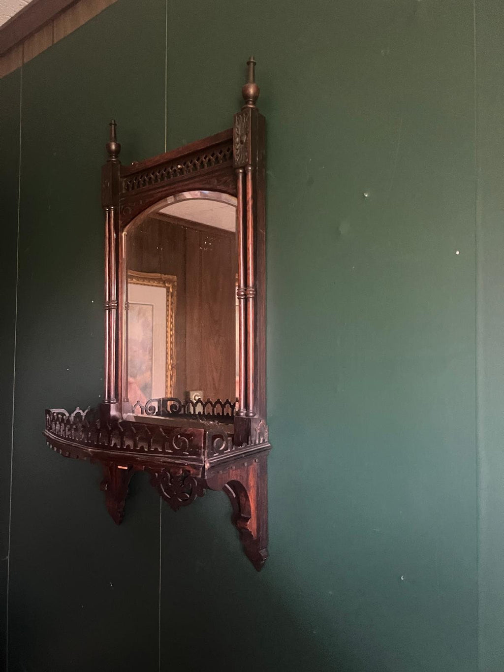 Antique Victorian Wall Mirror Wood Frame Gothic Shelf Hallway Accent Ornate Entryway Decor Carved Hanging Piece Collectible Unique Vanity