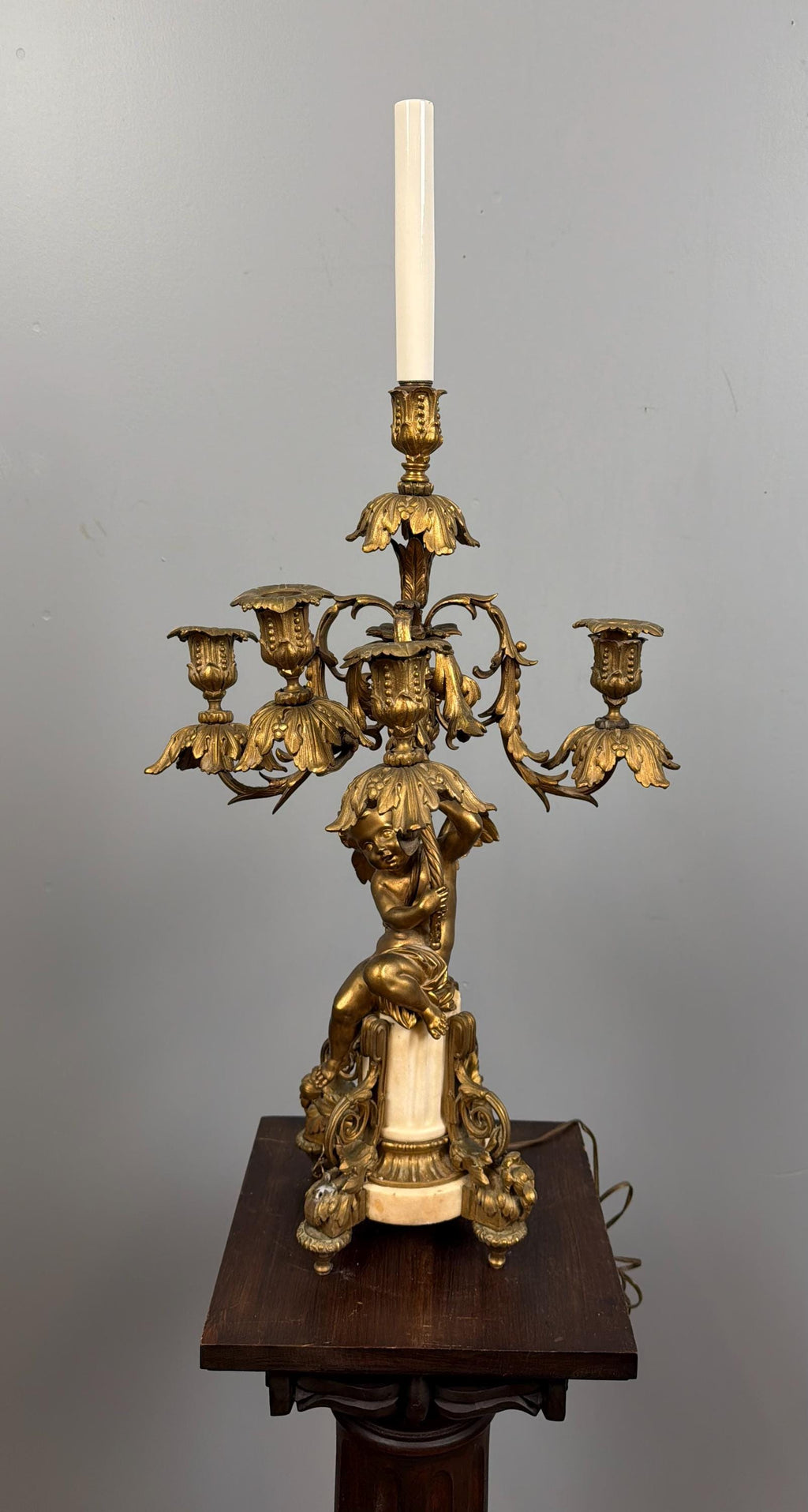 Antique French Ormolu Cherub Candelabra Pair, Gilt Bronze Marble Base Louis XVI Style