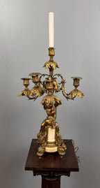 Antique French Ormolu Cherub Candelabra Pair, Gilt Bronze Marble Base Louis XVI Style