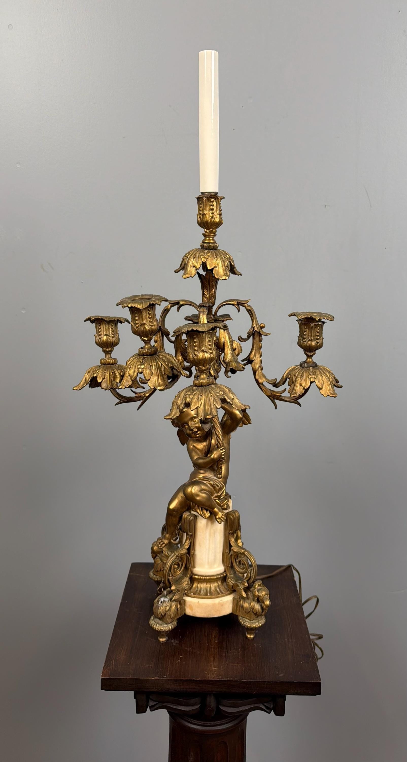 Antique French Ormolu Cherub Candelabra Pair, Gilt Bronze Marble Base Louis XVI Style