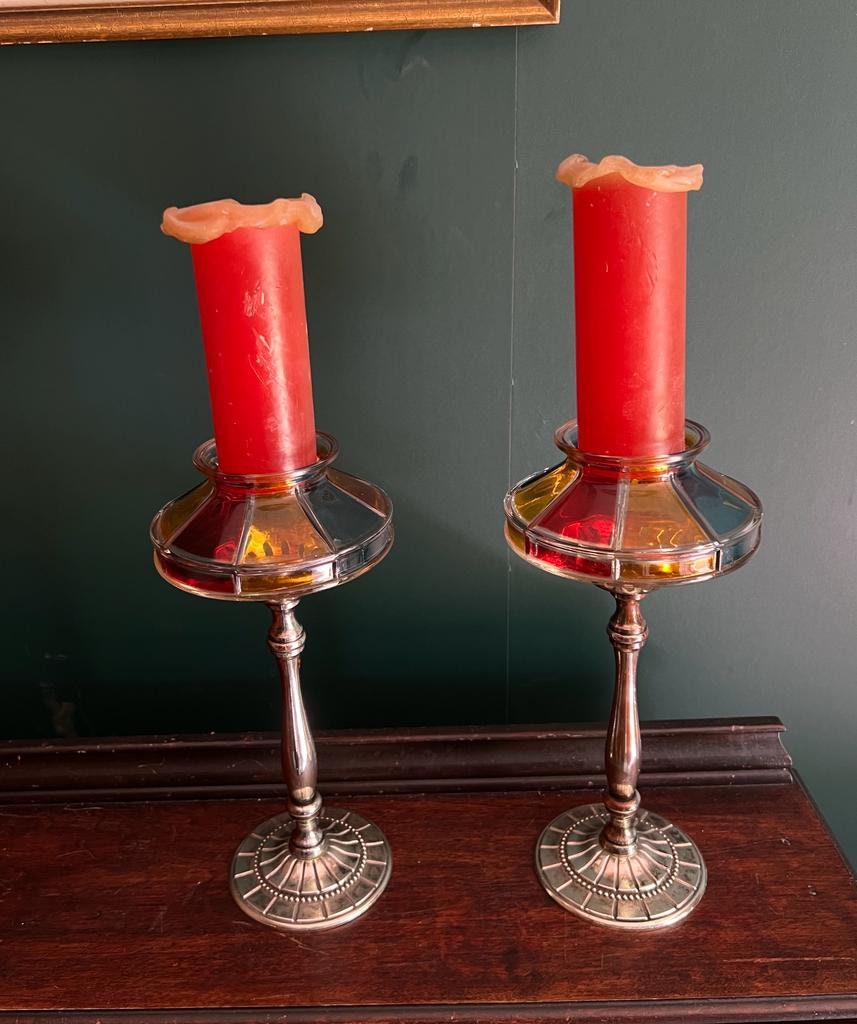 Vintage Stained Glass Candle Holders Multicolor Panels Tall Art Deco Metal Stems Elegant Retro Home Decoration Boho Eclectic Accent Pair
