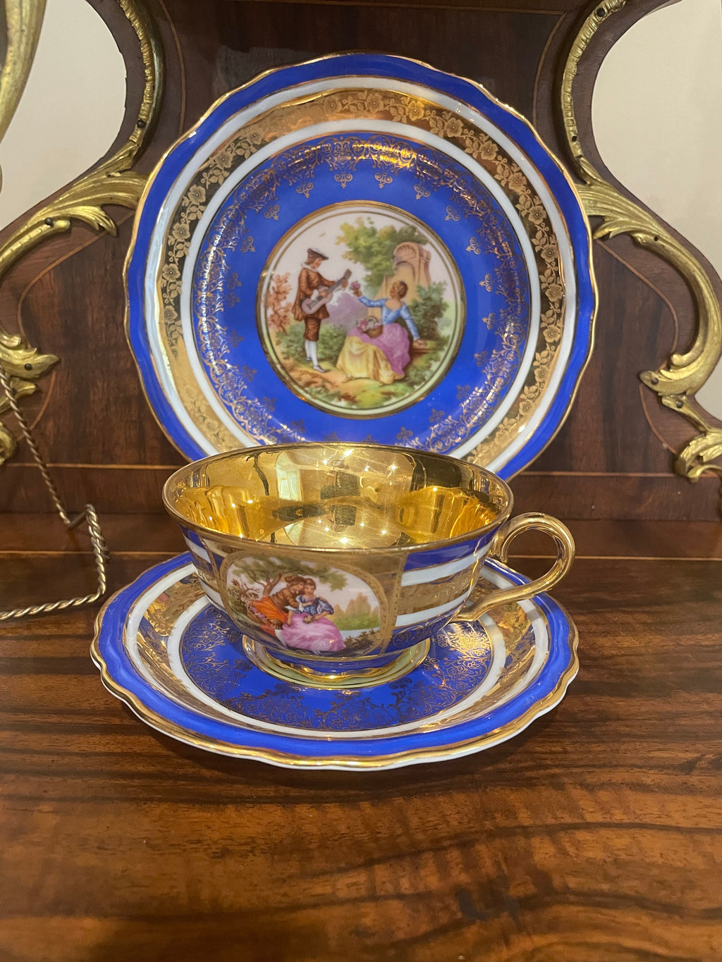 Vintage Set of 3 Blue & Gold Trim Froganard Design Collectible Cup Saucer Plate