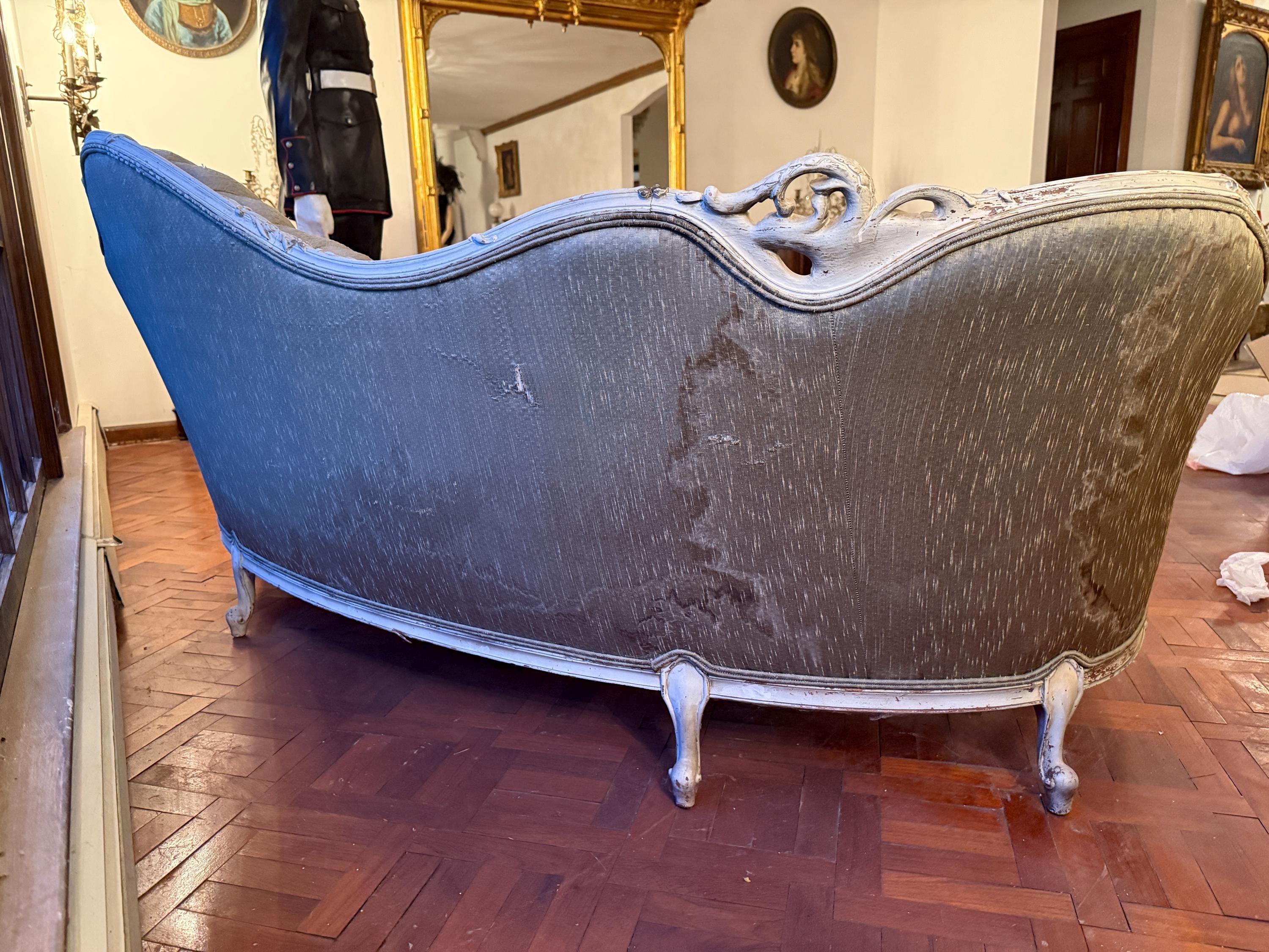 Antique French Louis XV Style Tufted Canapé  Antique French Sofa Ornate Carved Frame Reupholstery Louis XV Style Circa 1900s Luxurious Sofa