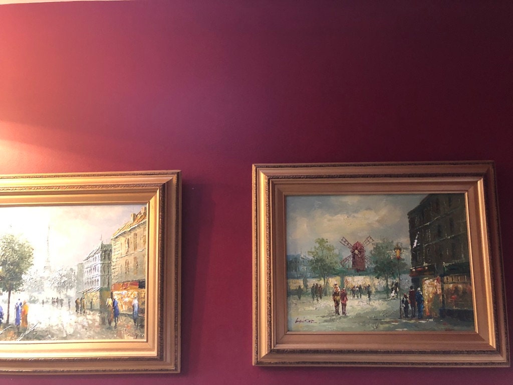 Pair Of Vintage Original Oil Painting Paris Scene Signed Gold Wood Framed Wall Art Collectible Painting. 21 1/2" 17 1/2"