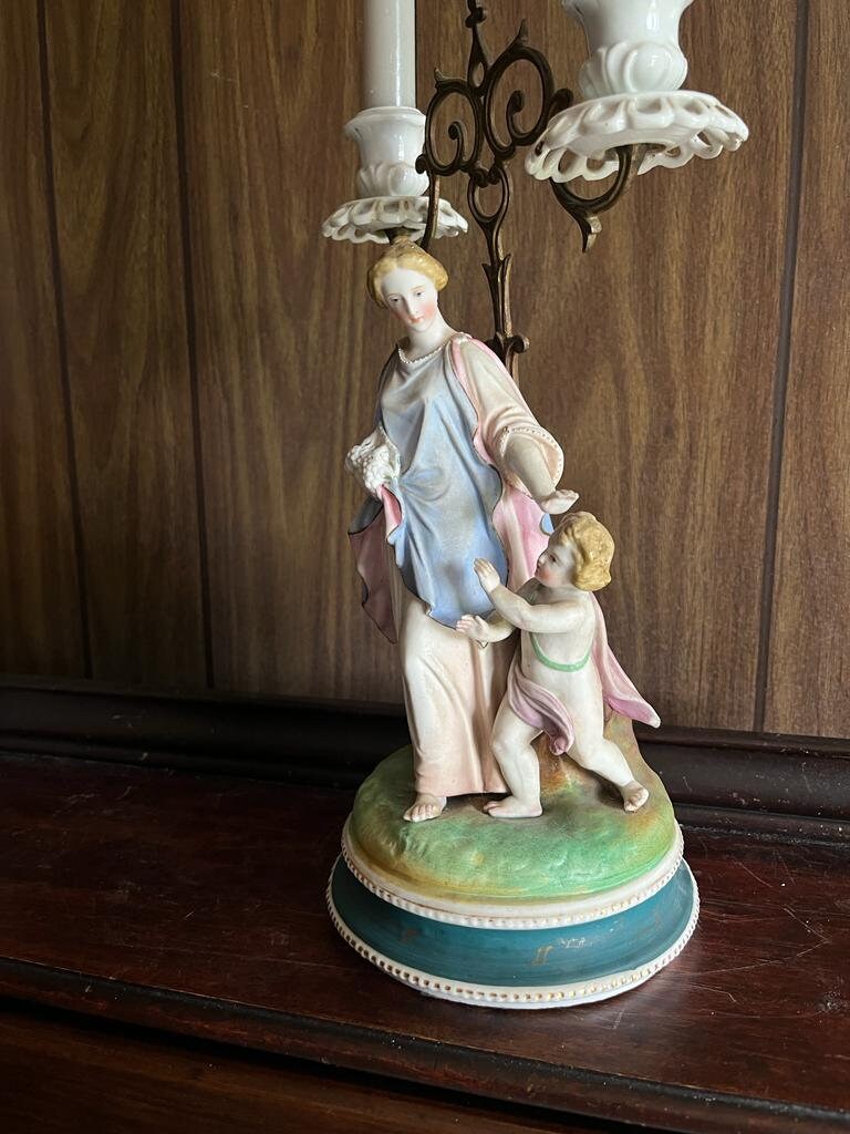 1900s Victorian Porcelain Figurine Girl with Cherub Candlesticks Candelabra