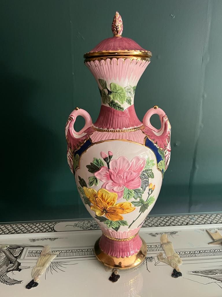 Vintage Hand Painted Oriental Vase Pink Gold Floral Chinese Woman Motif Large Ceramic Urn Decorative Collectible Home Decor Statement Piece