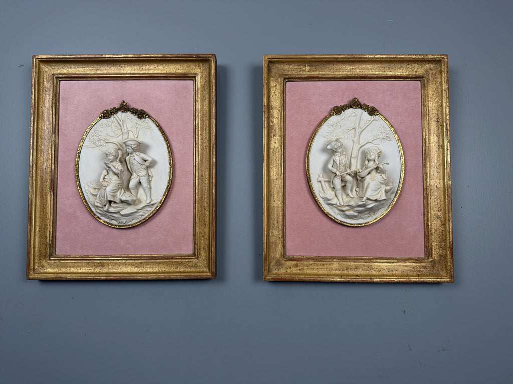 Antique Bisque Porcelain Wall Plaques Pair, French Rococo Gilt Framed Romantic Scene Panels