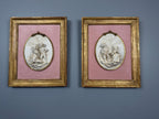 Antique Bisque Porcelain Wall Plaques Pair, French Rococo Gilt Framed Romantic Scene Panels