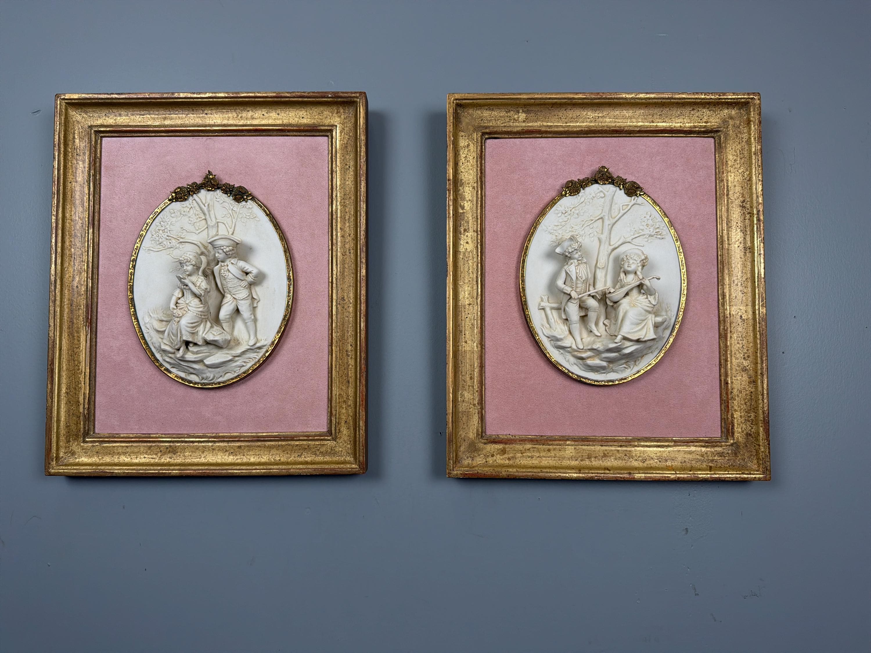Antique Bisque Porcelain Wall Plaques Pair, French Rococo Gilt Framed Romantic Scene Panels