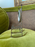 Antique Miniature Bronze Rocking Chair Portrait Enamel Backrest Ornate Victorian Display Chair Rare Collectible Home Decoration Piece