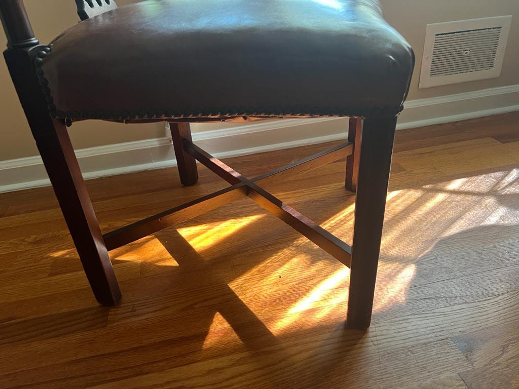 Vintage Corner Chair Mahogany Frame Brown Leather Seat Carved Back Elegant Accent Seating Classic Design Timeless Antique Home Decor Piece