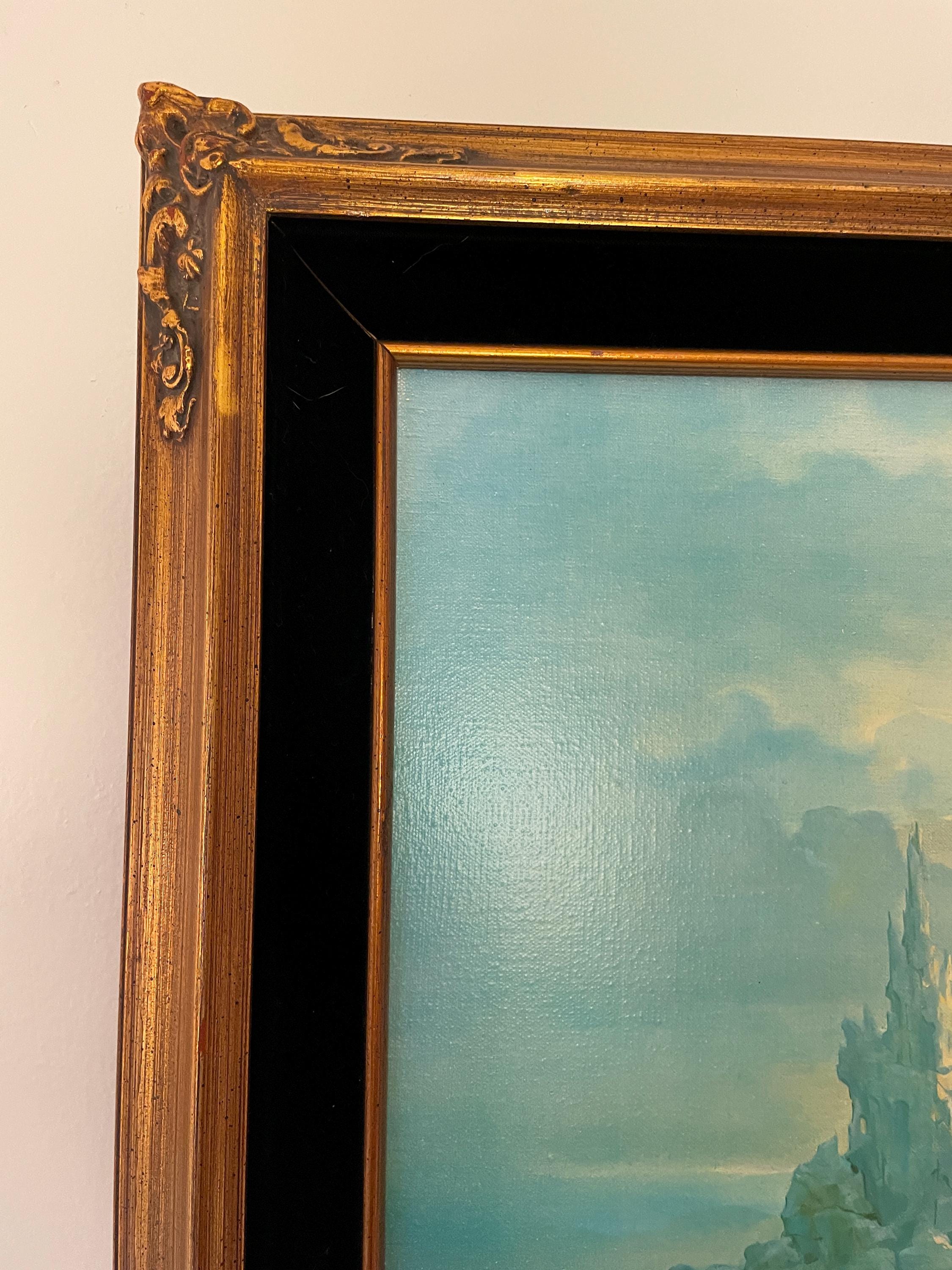 Vintage Signed Romantic Fantasy Landscape Painting Ornate Gold Frame Mystical Wall Art Collectible Mid-Century Home Decor Artwork Home Decor