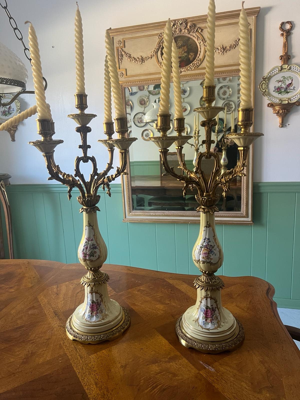 Antique French Candelabra Pair Porcelain Floral Gilt Bronze Five Arm Candle Holders Rococo Style Elegant Table Mantel Centerpiece Decor