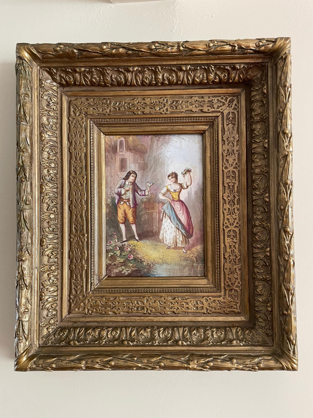 Antique Romantic Scene Painting, Ornate Gold Gilt Frame, 19th Century European Art