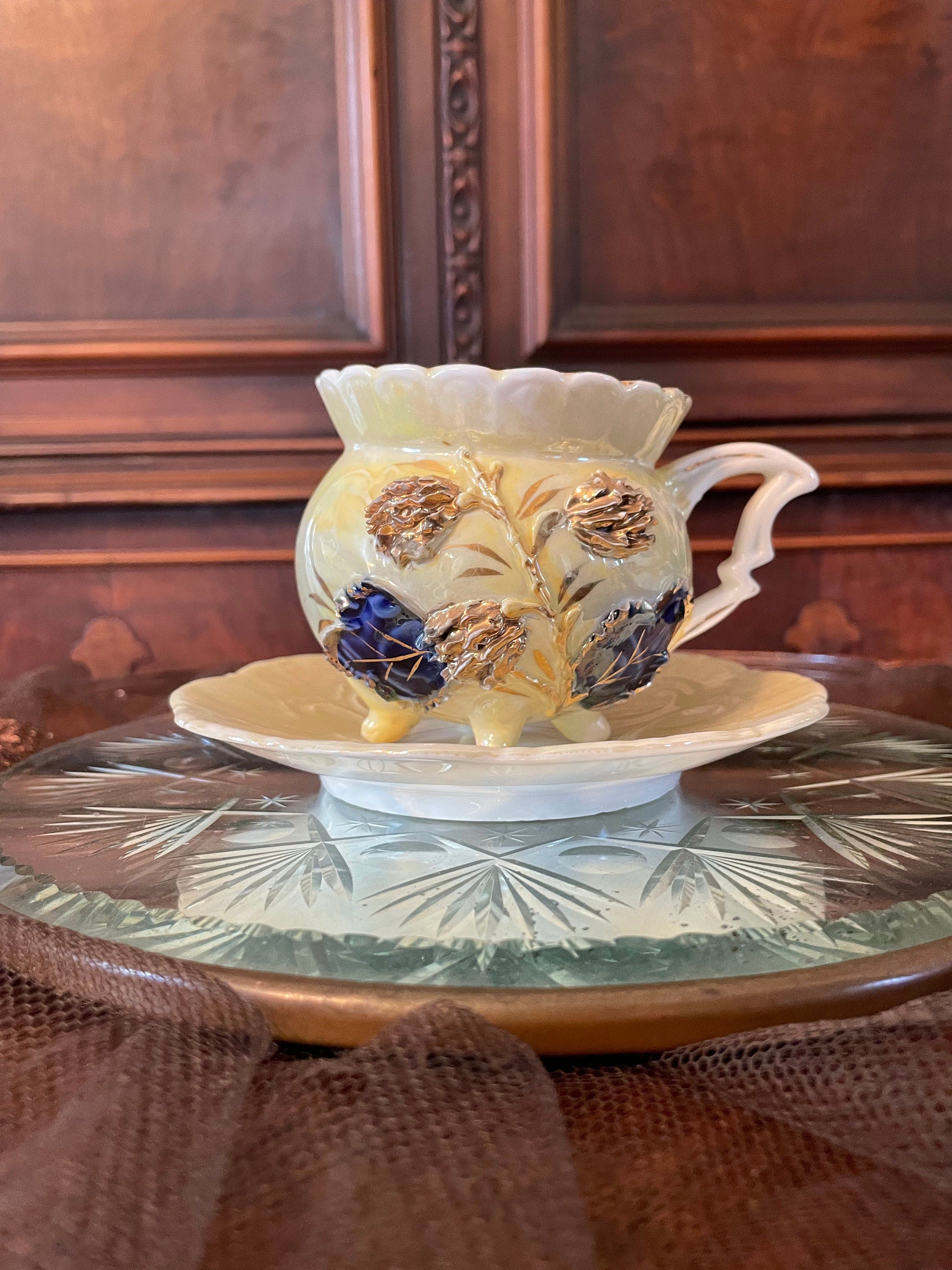Antique Porcelain Floral Design Yellow Gold & Blue Teacup Saucer.