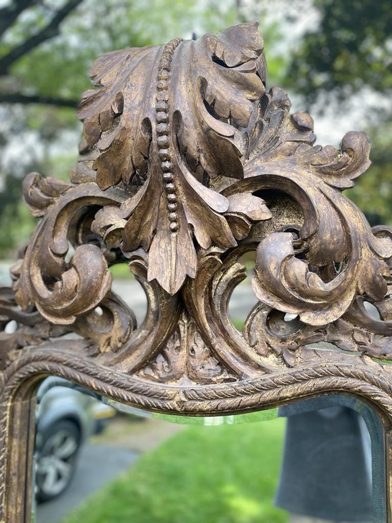 Antique Oversized Ornate Gold Wall Mirror Hand Carved Rococo Baroque Style Statement Piece Elegant Home Decor Collector Favorite