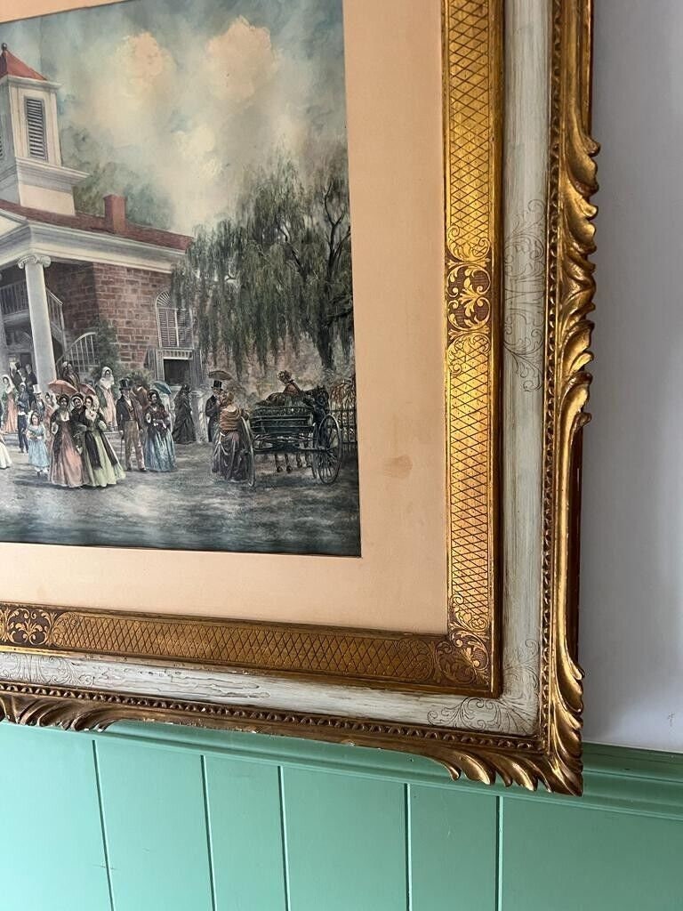 Large Antique Framed Art Print Courthouse Scene Historical People Horses Detailed Victorian Wall Decoration Ornate Gold Frame Fine Art