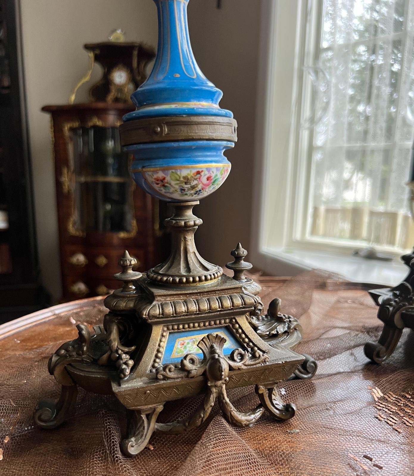Antique French Sevres Style Clock Set Bronze Blue Porcelain Candelabra Mantel Decor Elegant Rococo Design Home Accent Collectible Piece