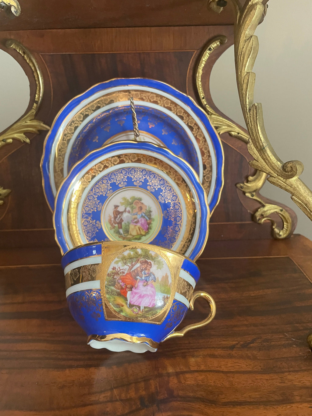 Vintage Set of 3 Blue & Gold Trim Froganard Design Collectible Cup Saucer Plate