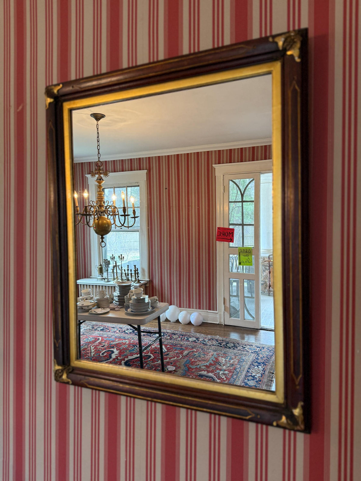 Antique Wooden Wall Mirror Rectangular Gilded Frame Vintage Neoclassical / Empire Style Ornate Gold Corner Accents Classic American Decor