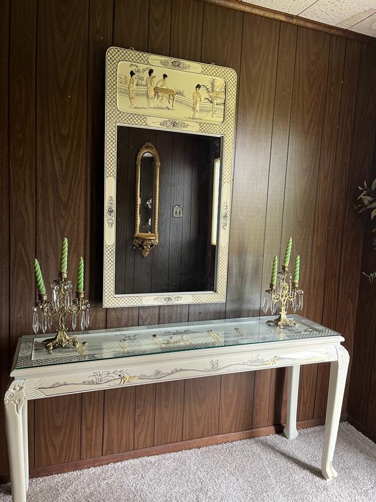 Vintage Asian Console Table Mirror Set Hand Painted Glass Top Cream Lacquer Ornate Scene Decoration Hollywood Regency Entryway Piece