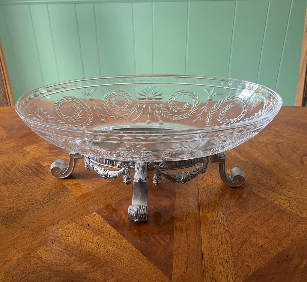 Antique Crystal Oval Bowl on Silverplate Footed Stand Cut Glass Fruit Dish Decorative Centerpiece Floral Garland Neoclassical Elegant Style