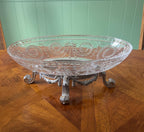 Antique Crystal Oval Bowl on Silverplate Footed Stand Cut Glass Fruit Dish Decorative Centerpiece Floral Garland Neoclassical Elegant Style