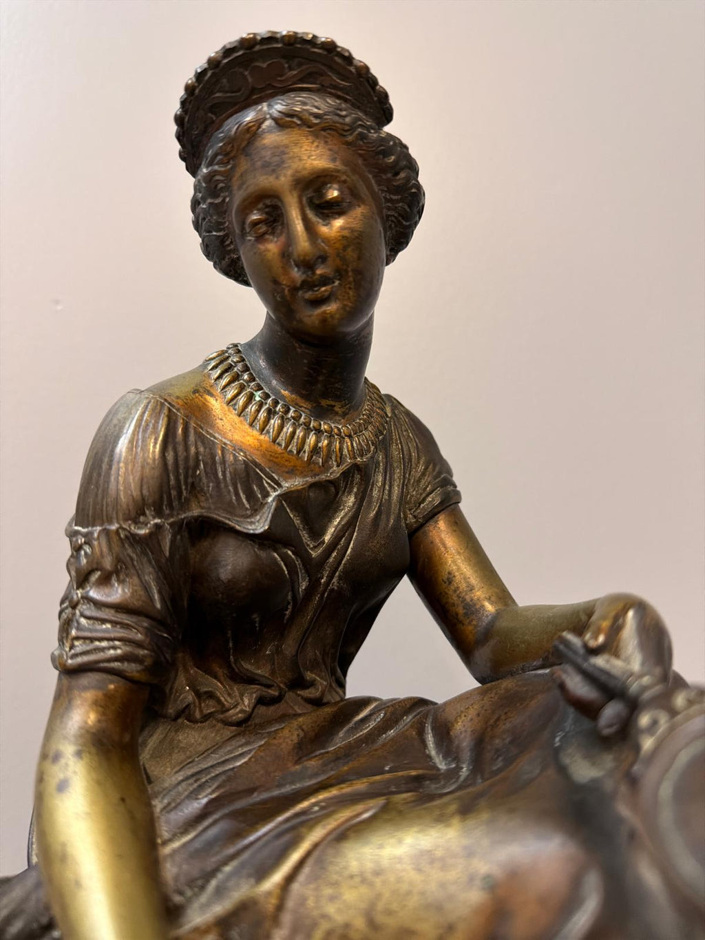 Antique French Bronze Sculpture: Neo-Classical Seated Woman with Mirror, Signed A. Habert