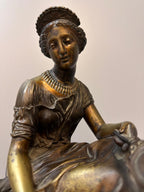 Antique French Bronze Sculpture: Neo-Classical Seated Woman with Mirror, Signed A. Habert