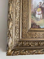 Antique Romantic Scene Painting, Ornate Gold Gilt Frame, 19th Century European Art