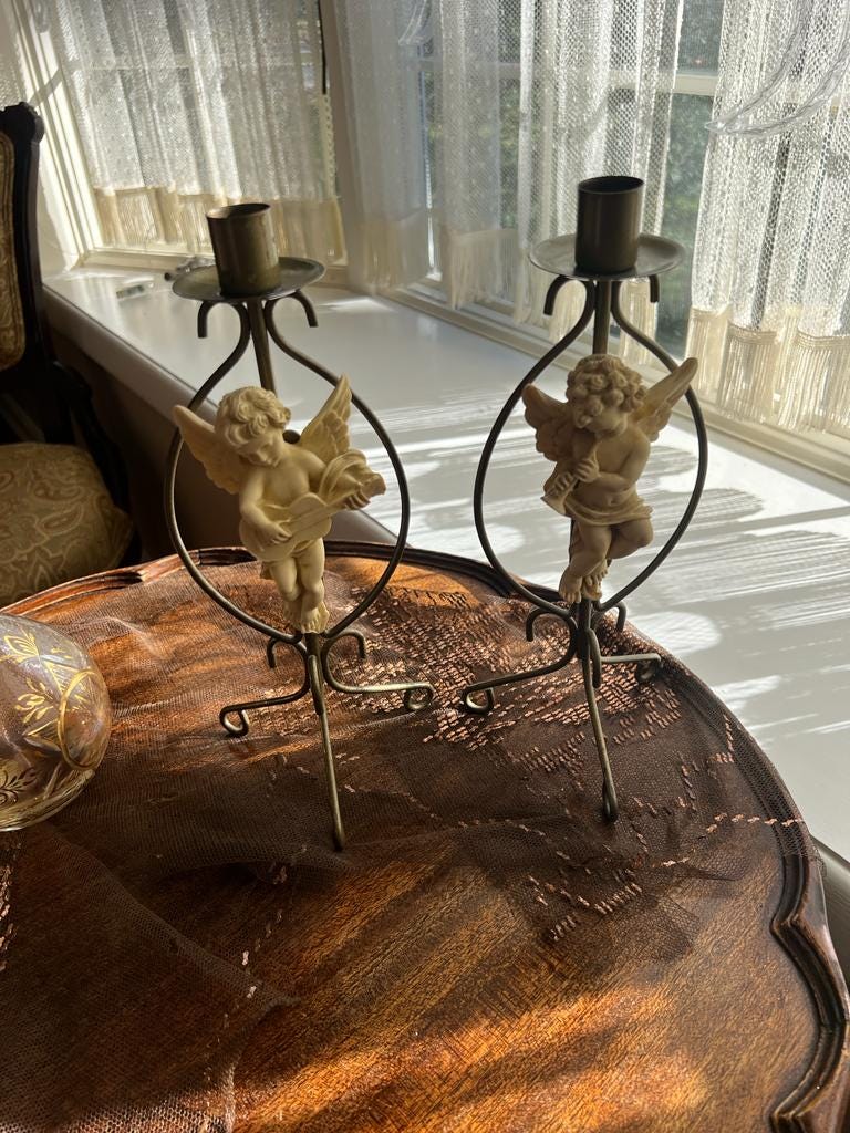 Pair of Vintage Metal Cherub Design Candlesticks Candleholder