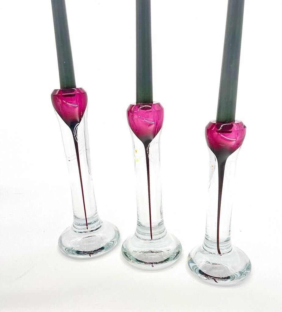 Vintage Scandinavian Glass Candle Holders Purple Drip Design Heavy Clear Base Mid Century Modern Elegant Statement Home Decor Collectible