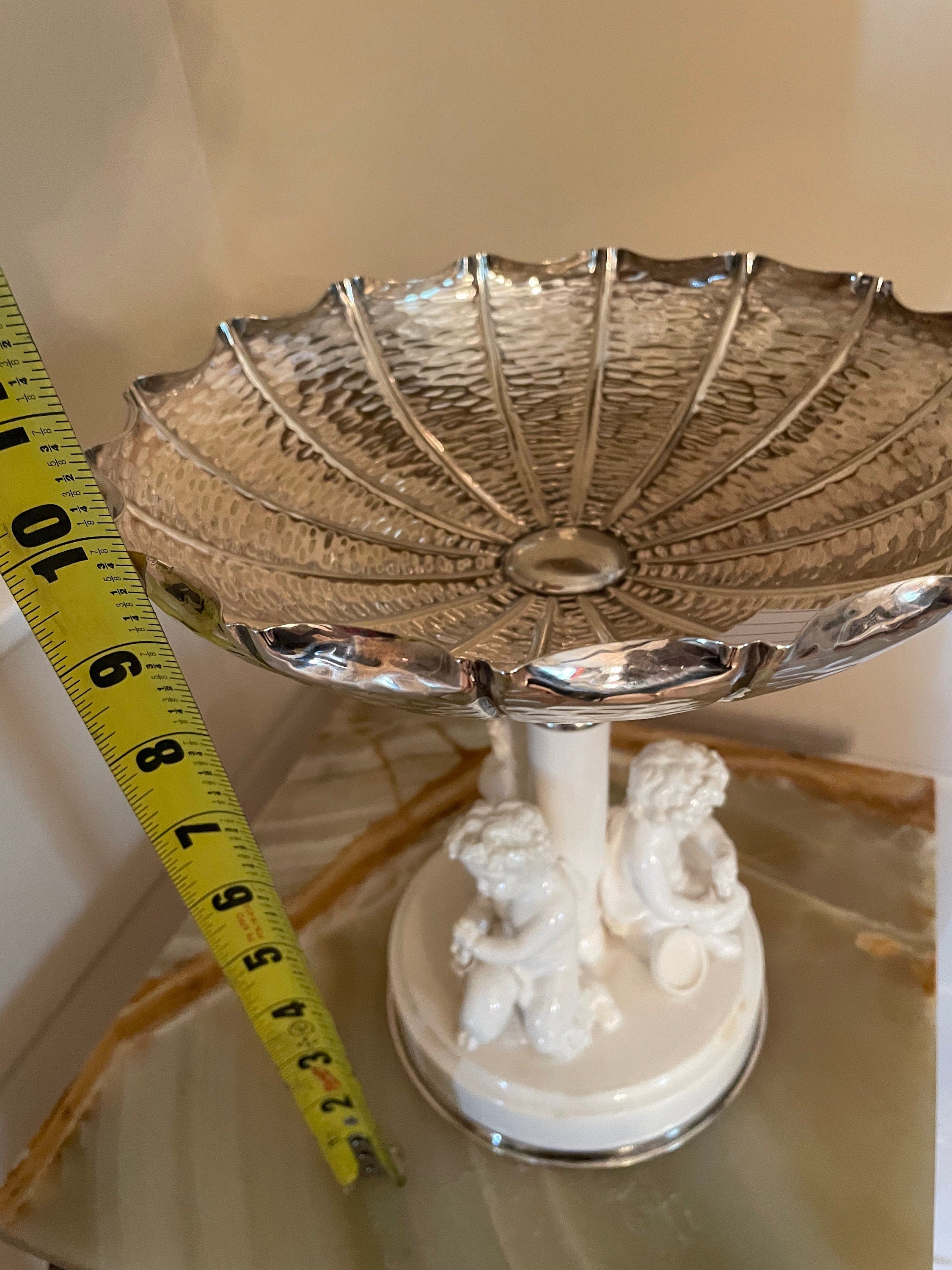 Vintage Decorative Compote Cherub Base Ornate Pedestal Bowl Hammered Metal Top Baroque Style Fruit Dish Romantic Rococo Accent Piece