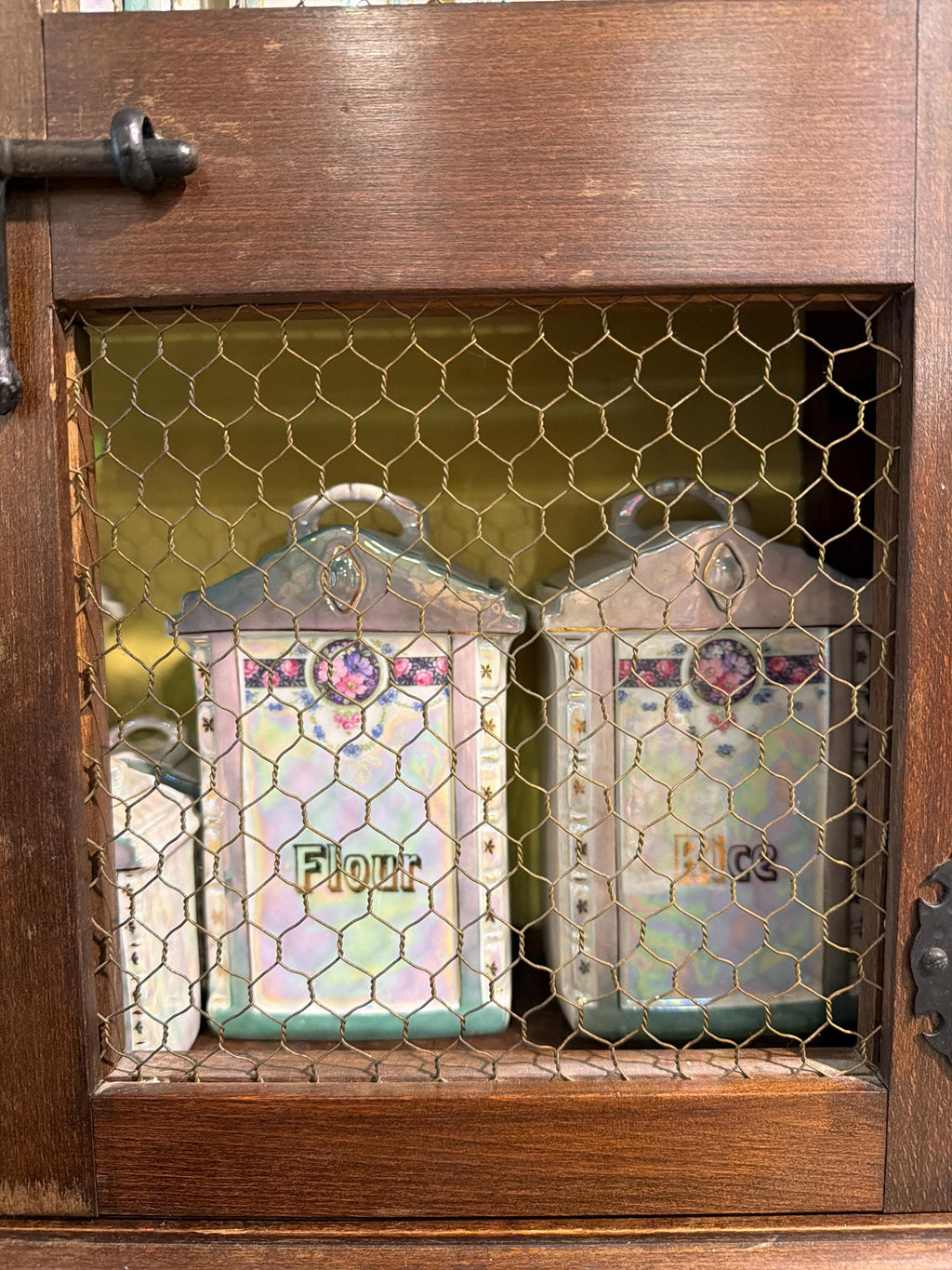 Antique Lusterware Spice Cabinet Set Complete Kitchen Canisters Farmhouse Wall Cabinet Chicken Wire 1920s 1930s