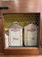 Antique Lusterware Spice Cabinet Set Complete Kitchen Canisters Farmhouse Wall Cabinet Chicken Wire 1920s 1930s
