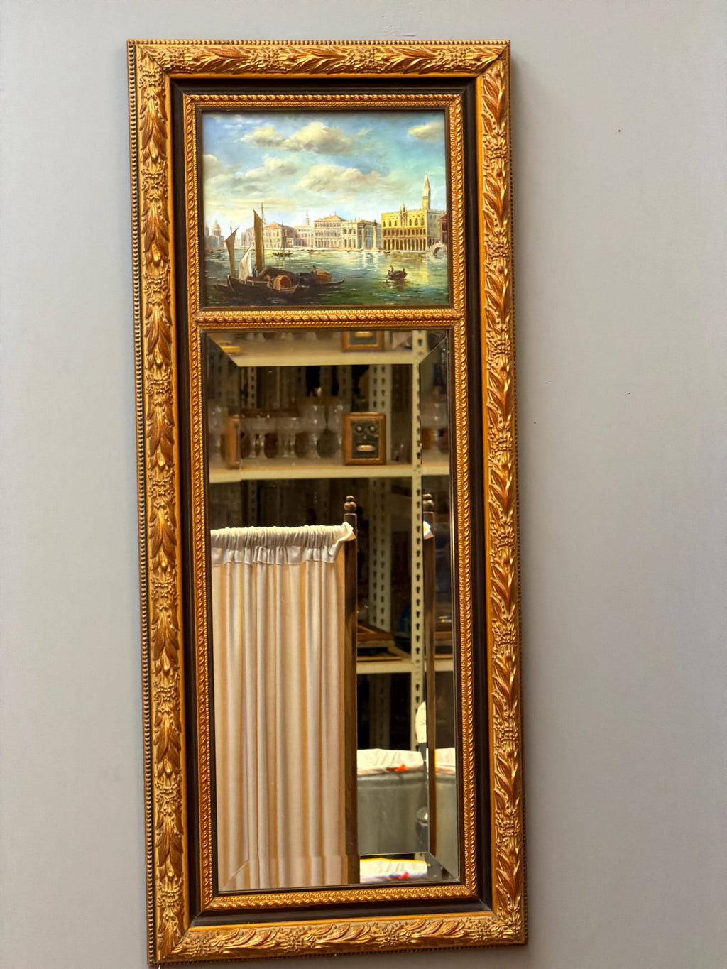 Antique Gilt Wood Mirror with Venetian Scene Painting, Ornate Gold Frame