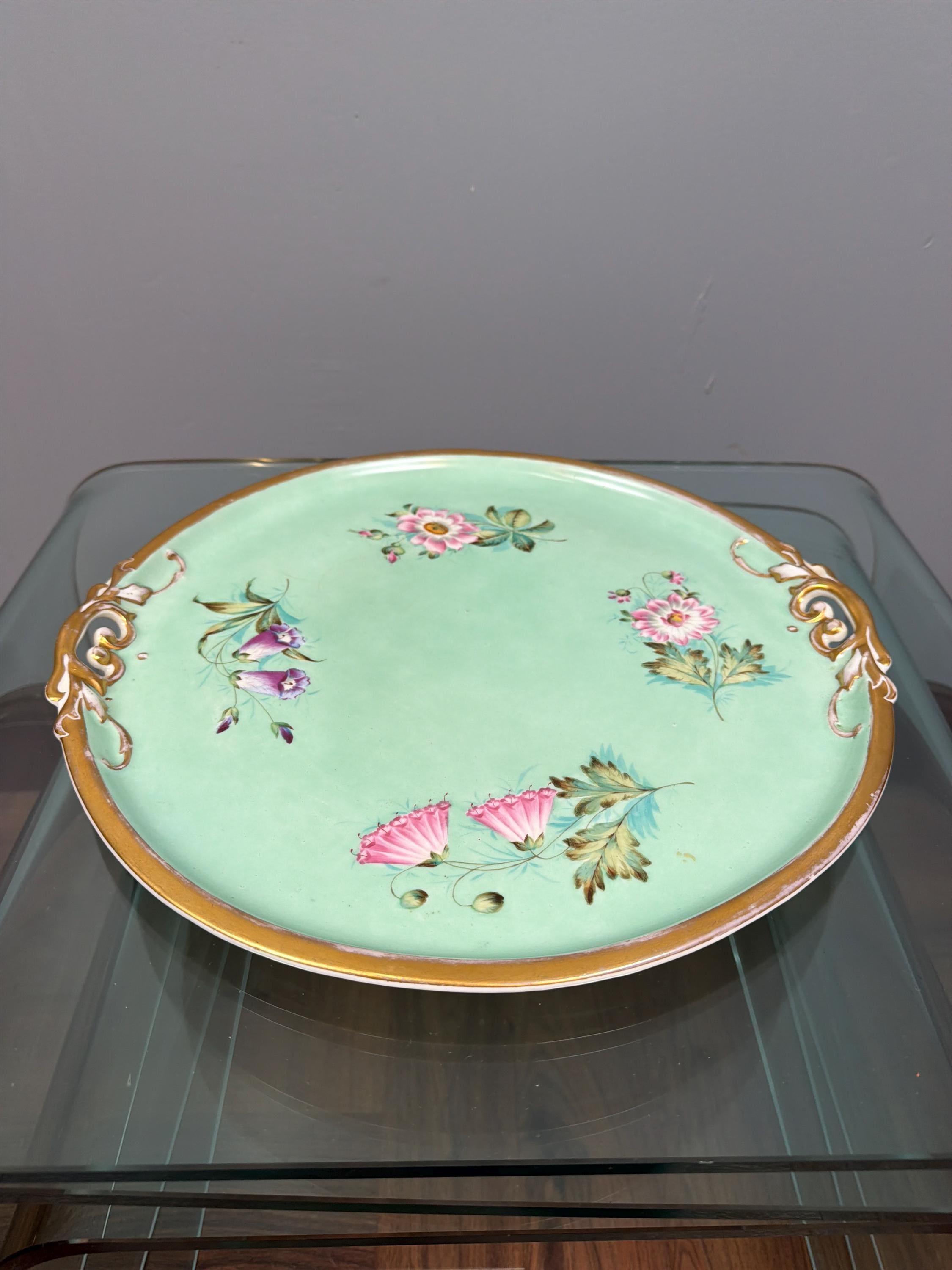 Vintage Hand Painted Porcelain Tray, Mint Green Floral Serving Vanity Tray, Gold Gilt Handles Decorative Display Plate