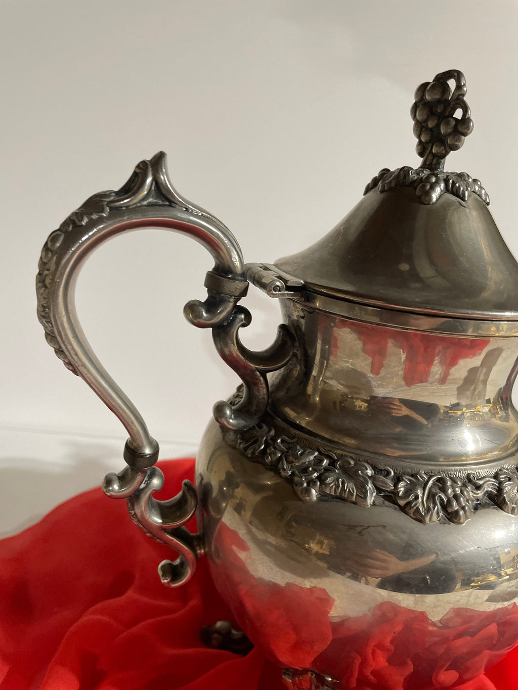 Vintage Silver Plated Copper Tea and Coffee Pot Set with Sugar Pot grapes leaves