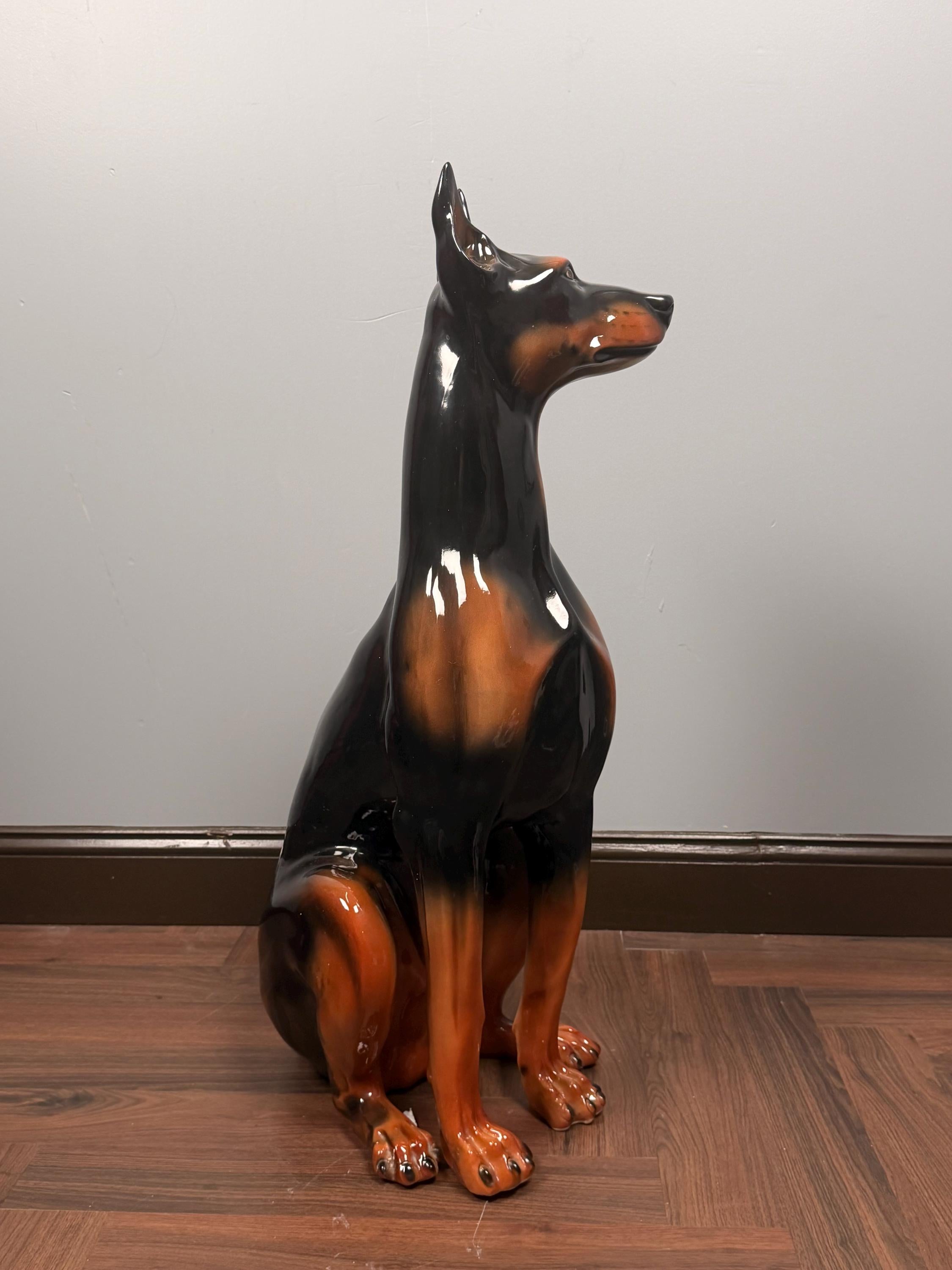 Large Vintage Ceramic Doberman Dog Statue, Black Brown Glazed Figurine, Mid-Century Guard Dog Decor 36.5" x 14"