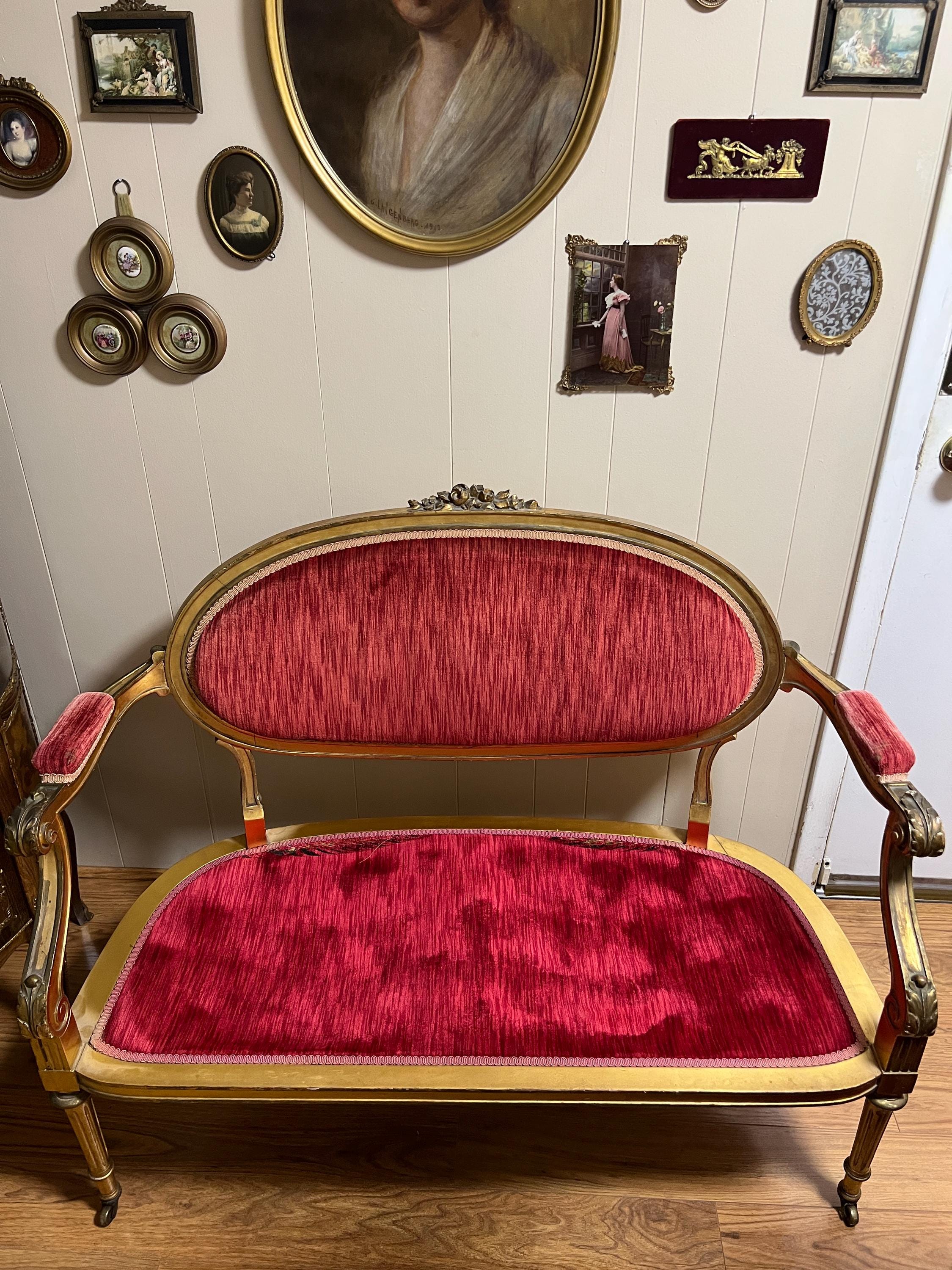 Antique French Louis XVI style Wooden Red Velvet Settee Sofa Antique French Gilded Hand-Carved Wood  Gold Gilt Elegant Furniture Loveseat
