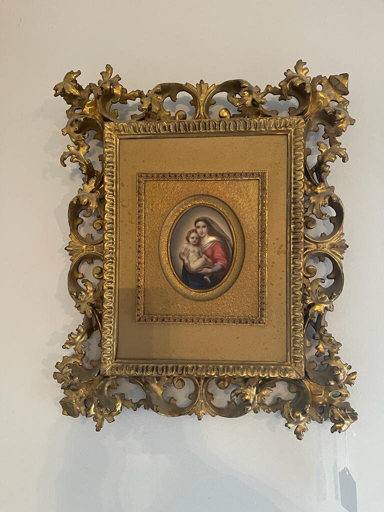 Antique KPM Porcelain Rare Oil Painting of Madonna on an Oval porcelain plaque Gold Gilwood Framed