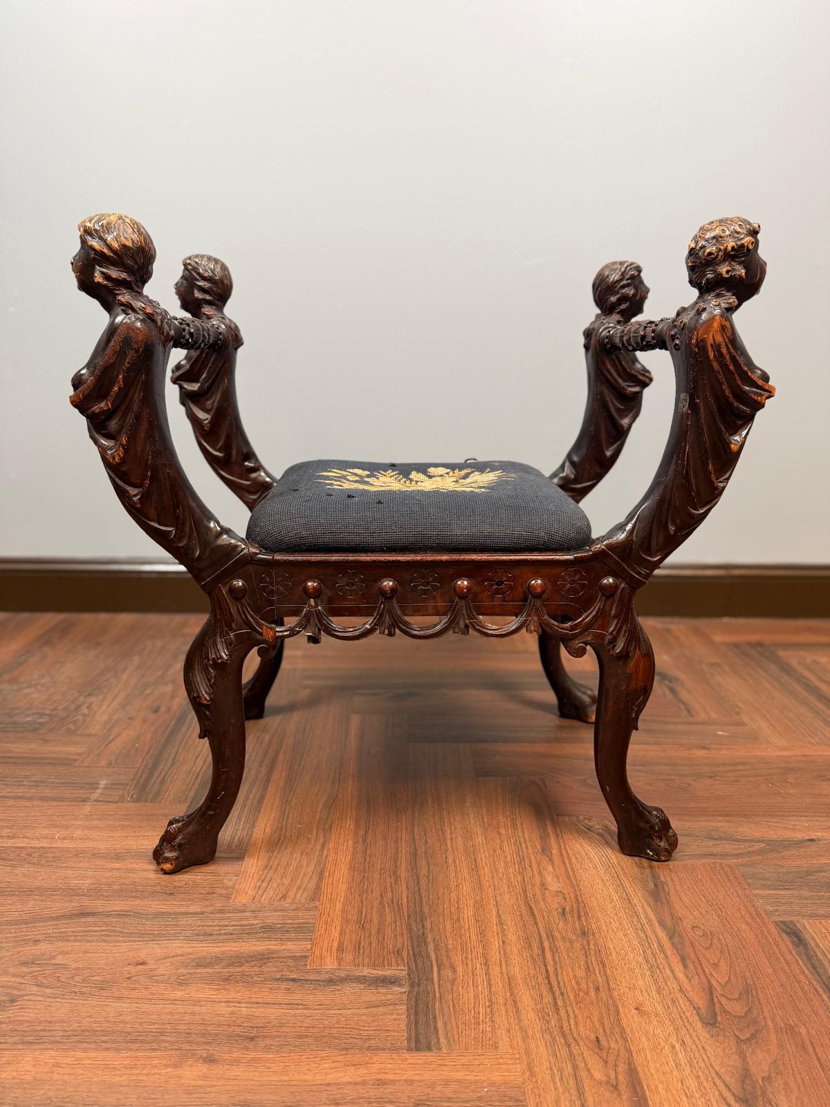 Antique Figural Carved Wood Bench Neo Classical Cherub Style Upholstered Seat Victorian Era Decorative Bench Tapestry